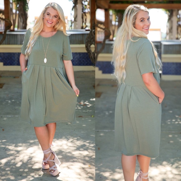 SKYE by Infinity Raine Dresses & Skirts - PLUS Olive Short Sleeve Pleated Dress